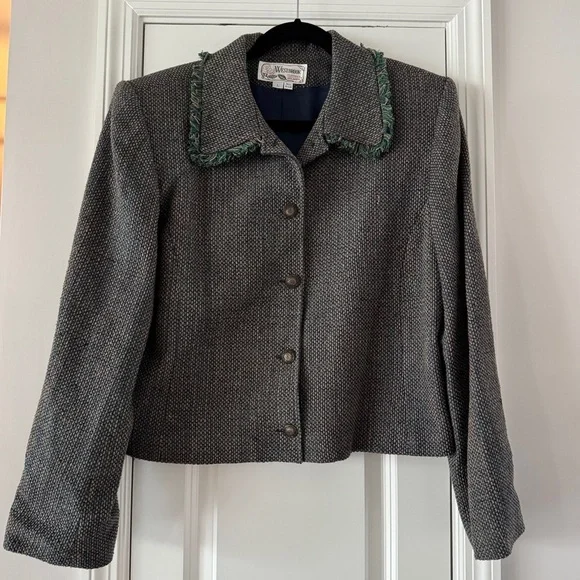 Vintage 90s Silk Cropped Blazer Jacket Fringe Collar Boxy Grandma Chic Large - Picture 1 of 7